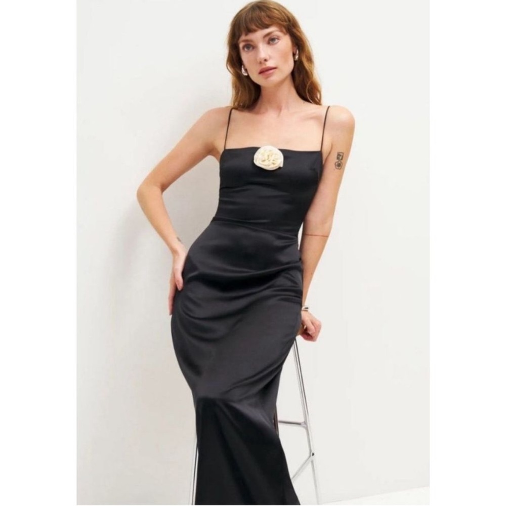 Reformation Frankie Silk Dress in Black White Rosette - Picture 3 of 13